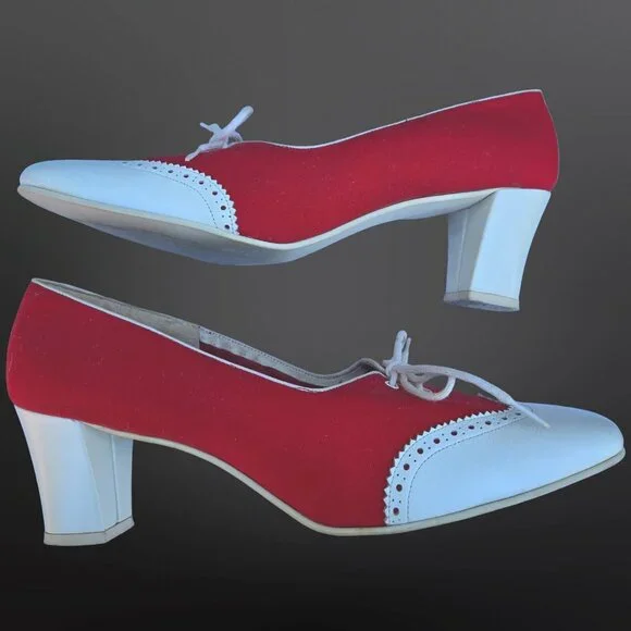 Vintage Socialites Spectator Heels Pumps Size 8 Red White 70s Does 40s Lace Up - Picture 10 of 11